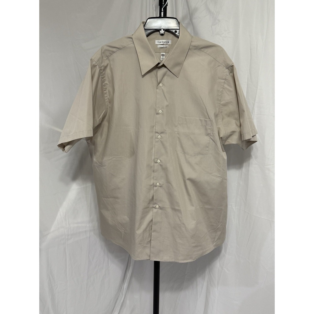 Van Heusen Mens 17.5 Short Sleeve Dress Shirt Wrinkle free Tan